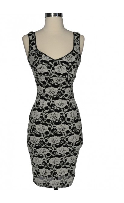 Black and Ivory Rose Silhouette Pencil Dress  